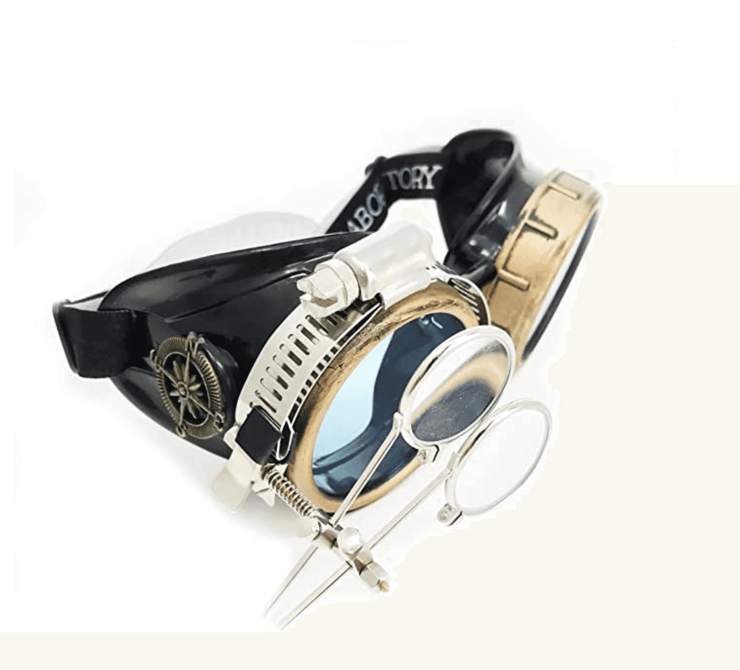 Steampunk Goggles with magnifying loupes UV glow neon blue prism diffraction lenses - 