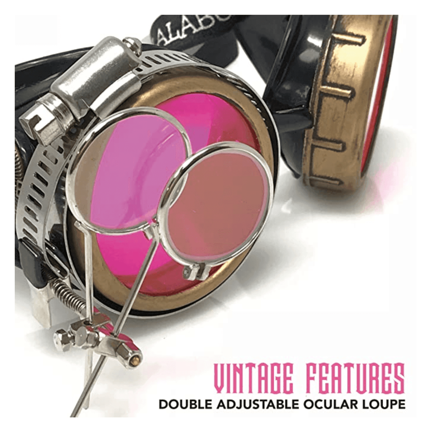 Steampunk Goggles with magnifying loupes UV glow neon pink prism diffraction lenses - 