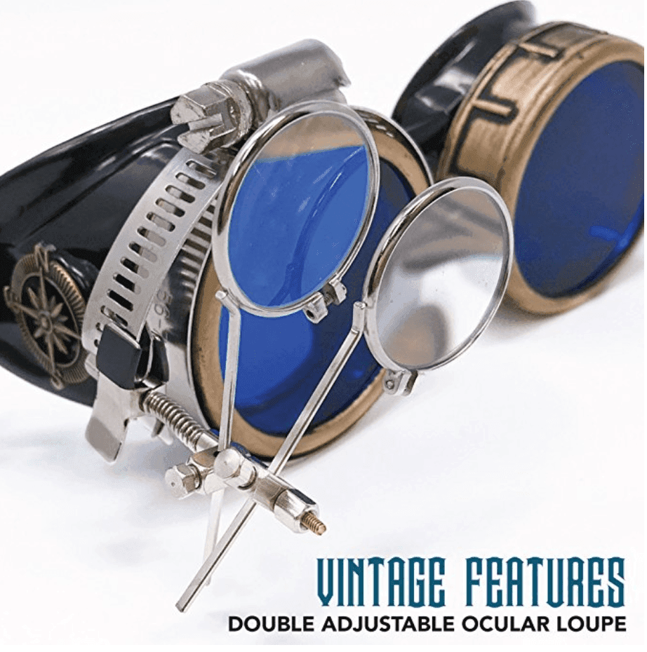 Victorian Steampunk Goggles with magnifying eye loupes blue lenses - 