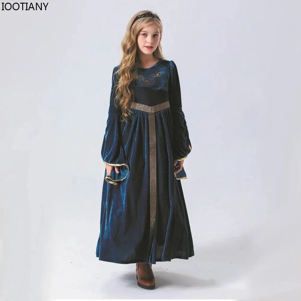 Medieval Vintage Court Noble Ball Performance Dresses Kids Suede Flared Sleeve Long Dresses Cosplay Stage Performance Costumes