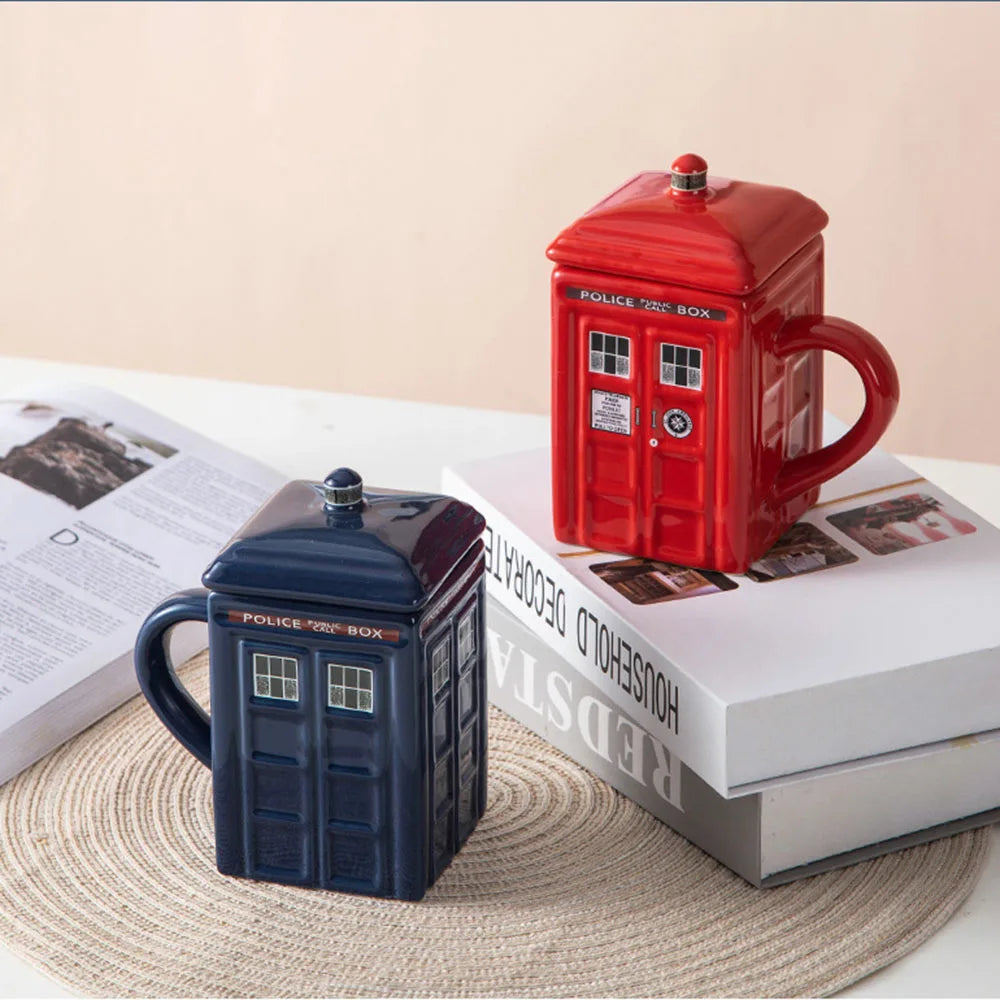 Creative Retro British Police Booth Cup Ceramic Phone Booth Square Cups With Cover Novelty Mug Coffee Tea Handle Cup Drinkware