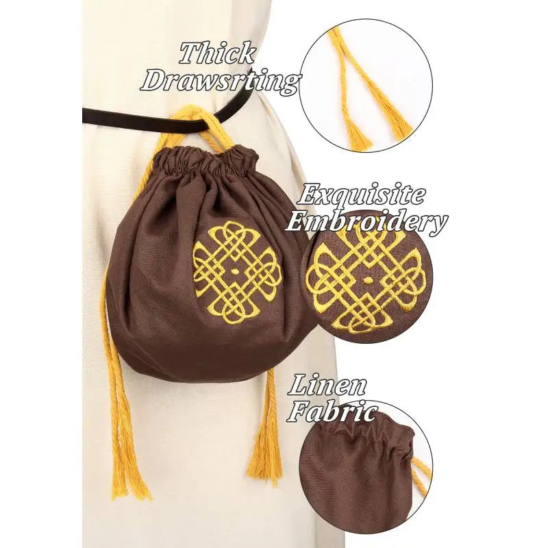 WENAM Medieval Drawstring Coin Jewelry Pouch Viking Cosplay Silk Purse with Tassels Embroidered Pouch Coin Purse Waist Bags