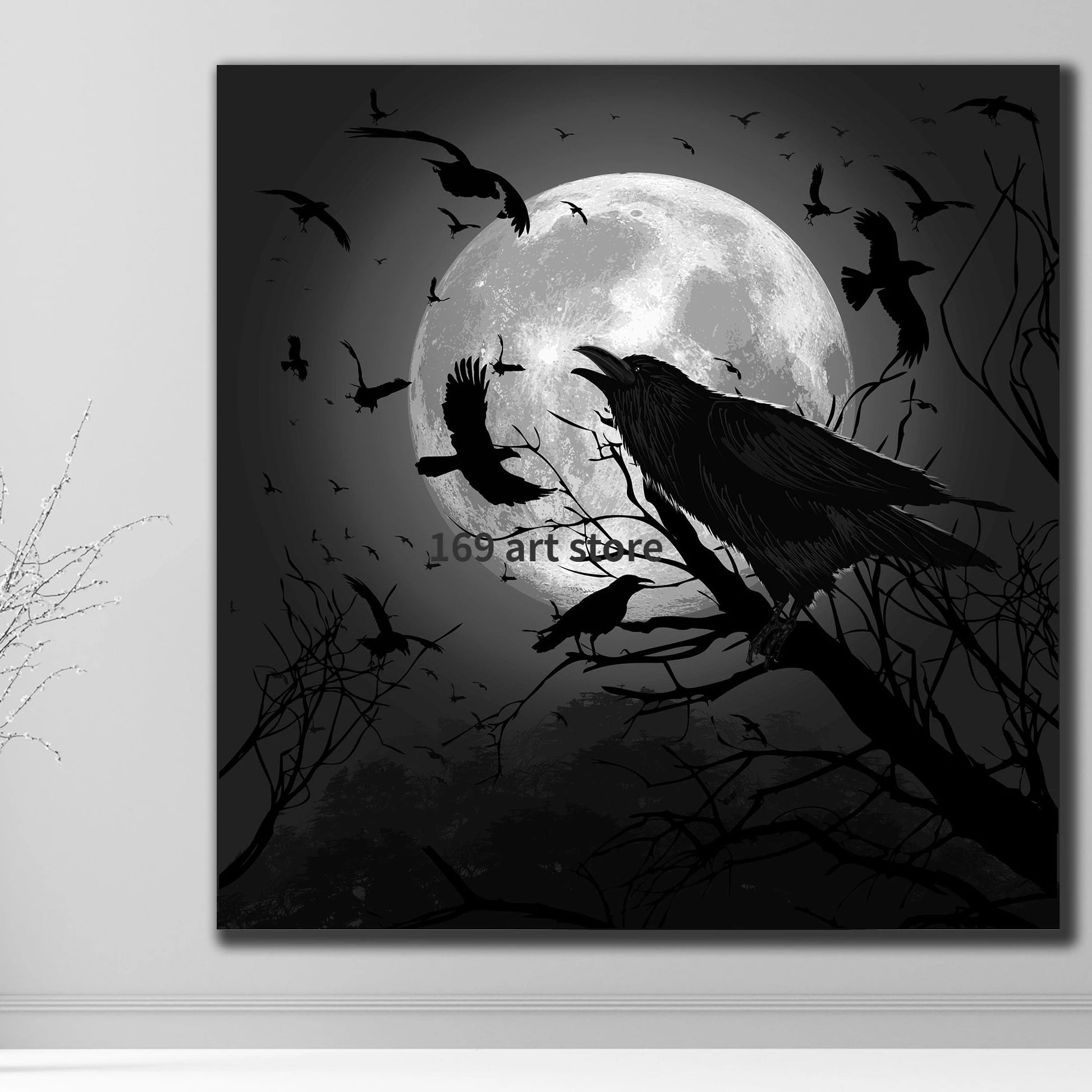 Retro Flying Crow Raven Barking At The Moon Nature Landscape Art Poster Canvas Painting Wall Art Print Picture Office Home Decor