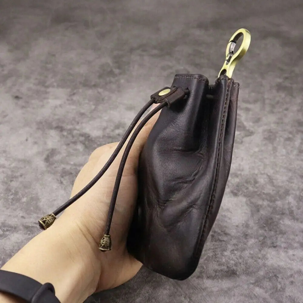 Monedero de cuero superior bolsa Simple Retro Color sólido bolso de llave de coche carteras con cordón hombres