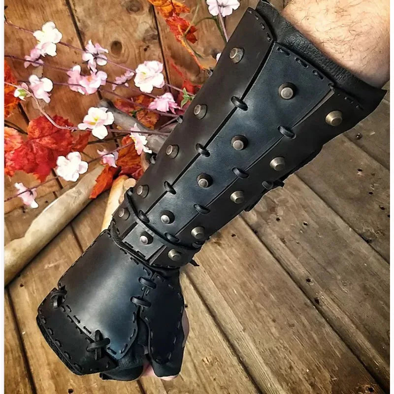 Steampunk Medieval PU Leather Bracer Long Glove Gauntlet Samurai Viking Knight Pirate Arm Armor for Men LARP Cosplay Accessory