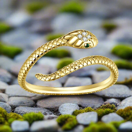 Bague serpent Viking avec pierres à œil vert enroulées en couleur Bronze/or/argent/acier foncé