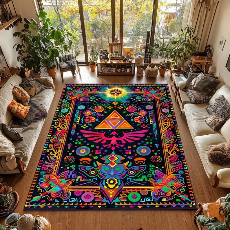 Castle Rug Graffiti-Triforce Gamer Room Decor Gaming Rug for HHyrule Lovers Mystical Eclectic Gamer Christmas Gift