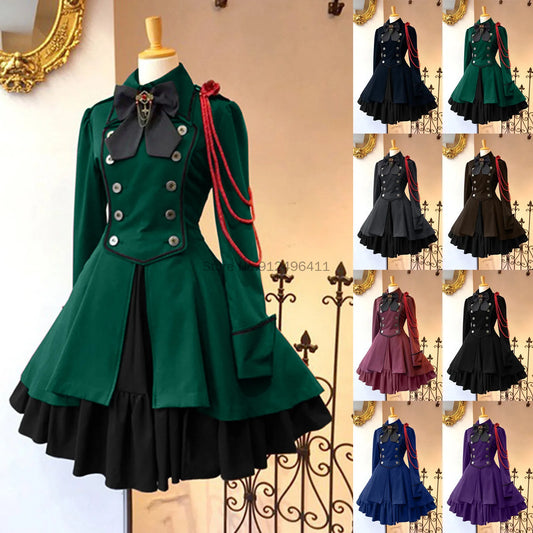 Vestido Medieval Steampunk clásico Retro de Lolita para mujer, vestido gótico negro con cordones y cadena con lazo, abrigo de manga larga con volantes, disfraz ajustado para mujer