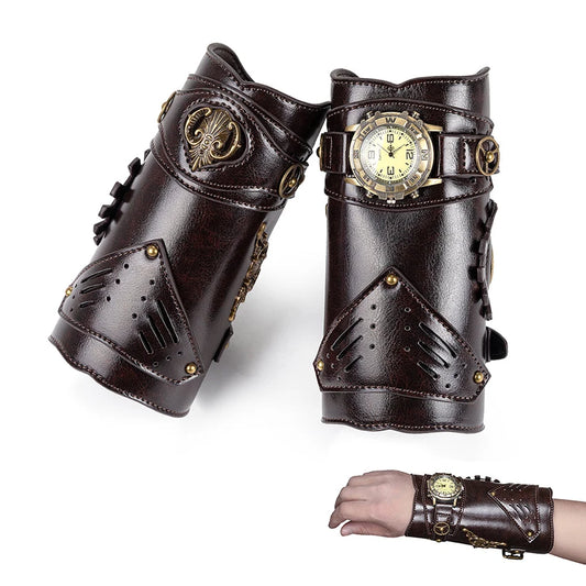 Brazalete de caballero Medieval Retro Steampunk, reloj protector, pulsera de cuero, armadura, accesorio Vintage de Cosplay, accesorio de Anime para hombres