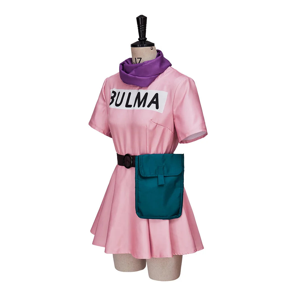 Bulma Cosplay Costume Pink Dress Headwear Purple Scarf Belt Bag Full Set for Women's Halloween Cosplay Costume Wig