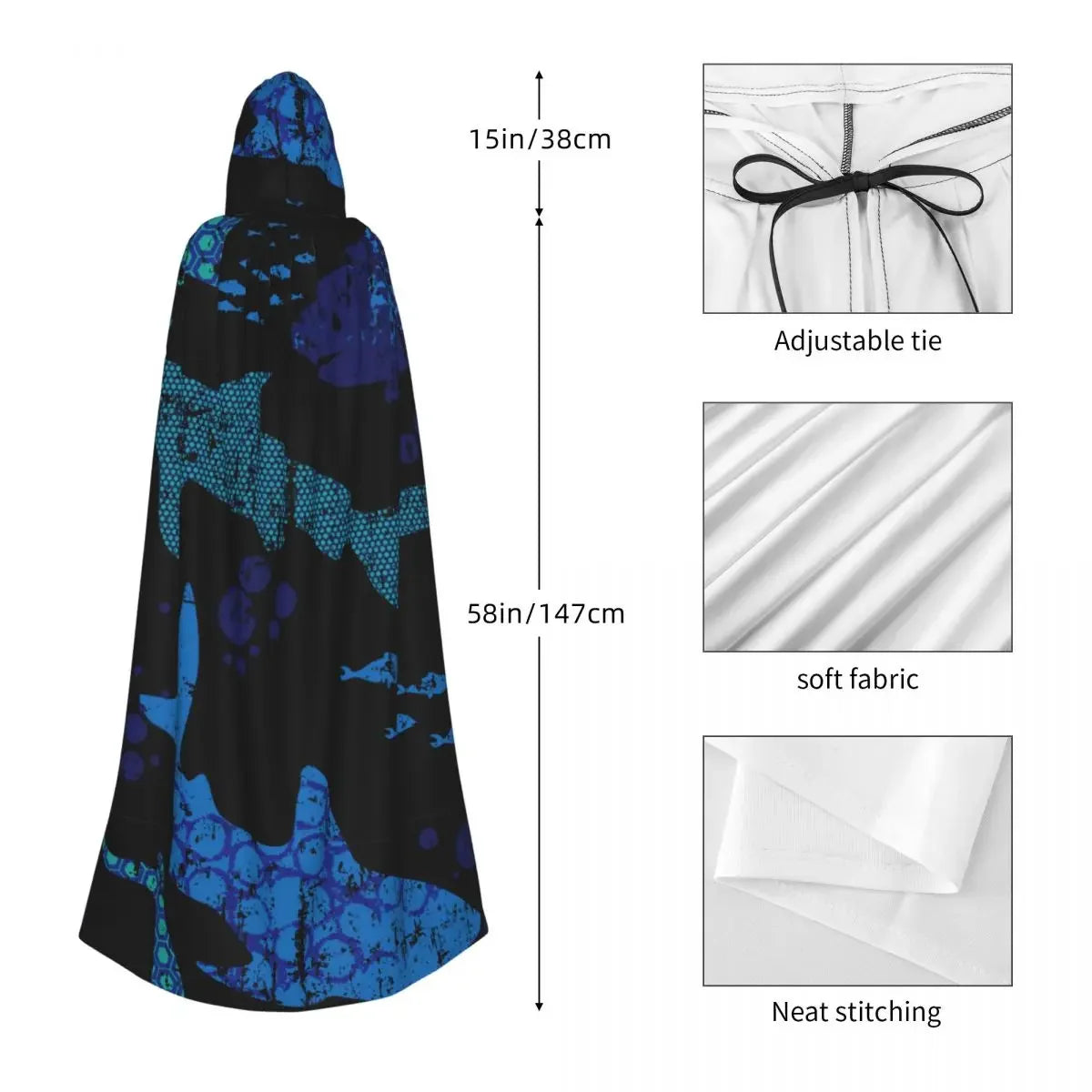 Cape à capuche en polyester unisexe, accessoire de déguisement, motif requin abstrait, imprimé foncé