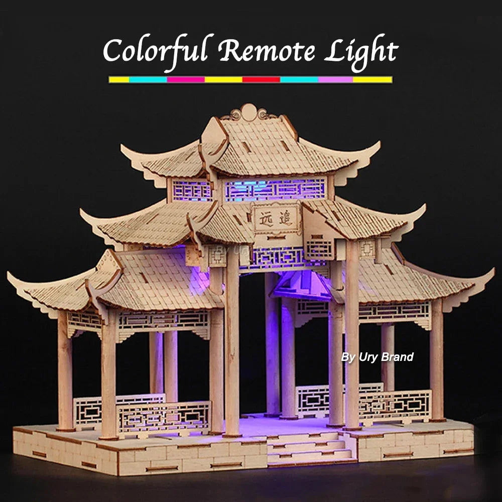 Rompecabezas tradicional chino de casa de madera 3D con construcción de luz, modelo DIY, juego de ensamblaje, juguete para regalo de escritorio para niños y adultos