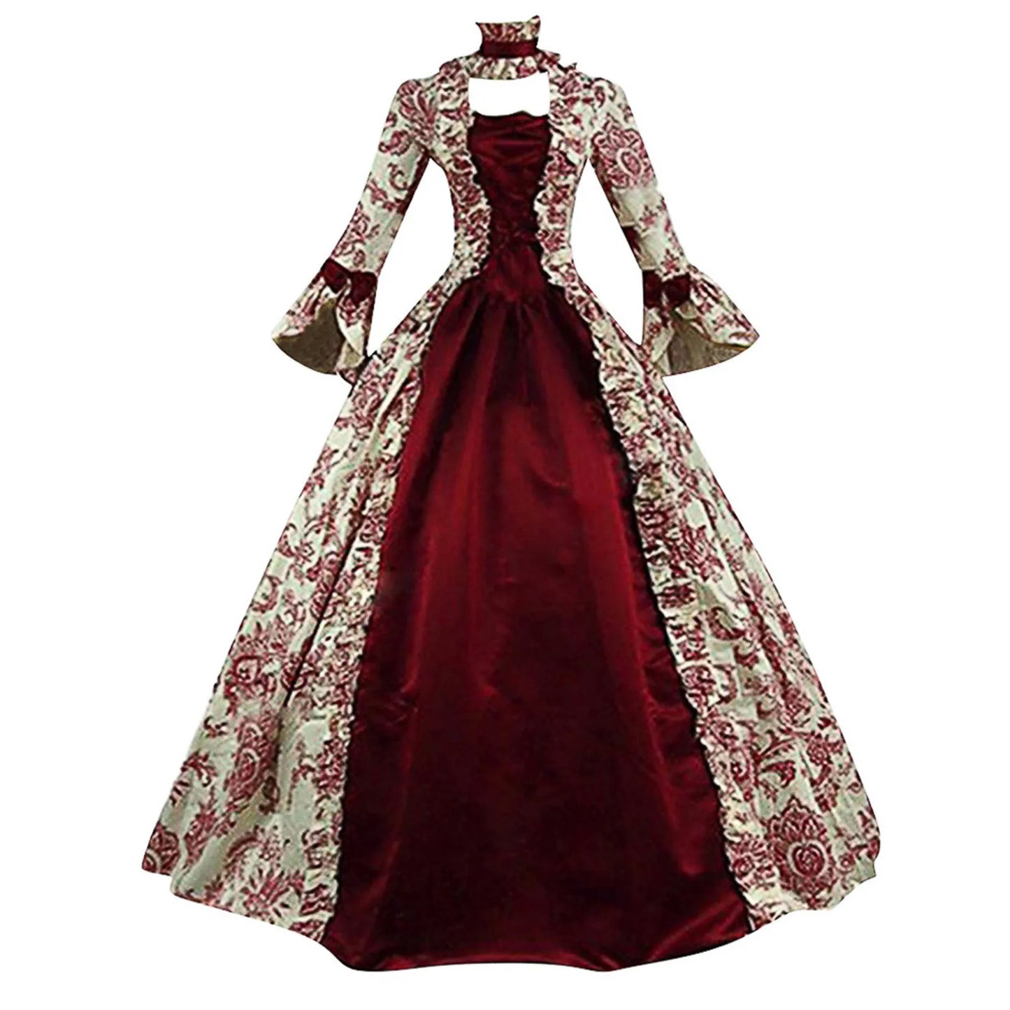Vestido largo Medieval Vintage para mujer, estilo gótico palaciego, cuello cuadrado, diseño de telas combinadas con volantes, corsé con cordón, Vestidos ajustados