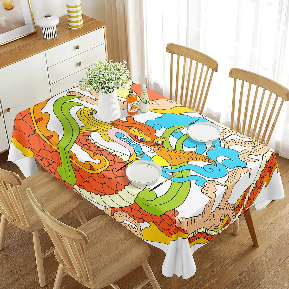 Dragons Table Cloth Chinese Medieval Myth Fantasy Flame Monster Water Resistance Microfiber Tablecloth, Decorative Table Cover