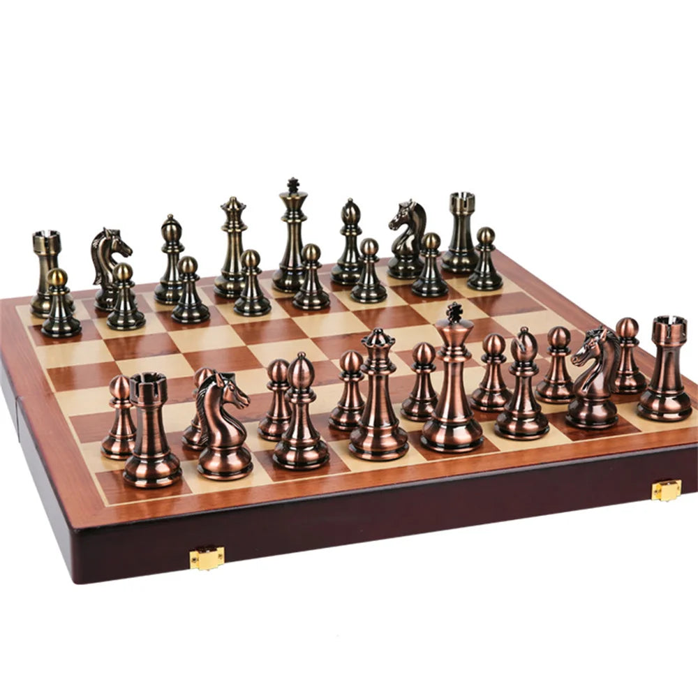 Juegos de mesa de ajedrez de madera de lujo de alta calidad, juego de piezas de ajedrez de Metal de bronce, tablero familiar plegable para niños, 52x52cm