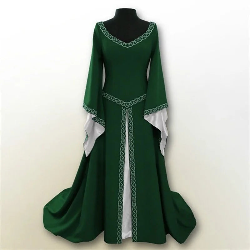 Women Vintage Medieval Costume Dress Corset Waist Retro Renaissance Maxi Dress Ankle Long Dress Halloween Cosplay Dress