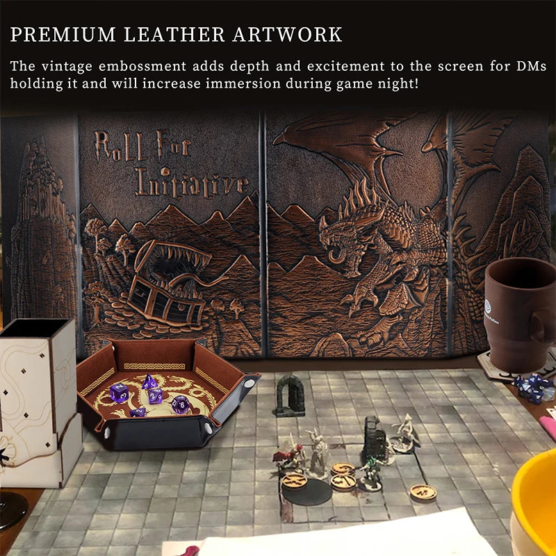 DND Dungeon Master Screen Faux Leather Embossed Dragon & Mimic, Four-Panel with Pockets DM Screen for Dungeons and Dragon
