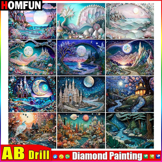 HOMFUN AB Diamond Painting Full Square/Round "Moon House Shell Scenery" Picture Of Rhinestone DIY Diamond Embroidery Home Decor
