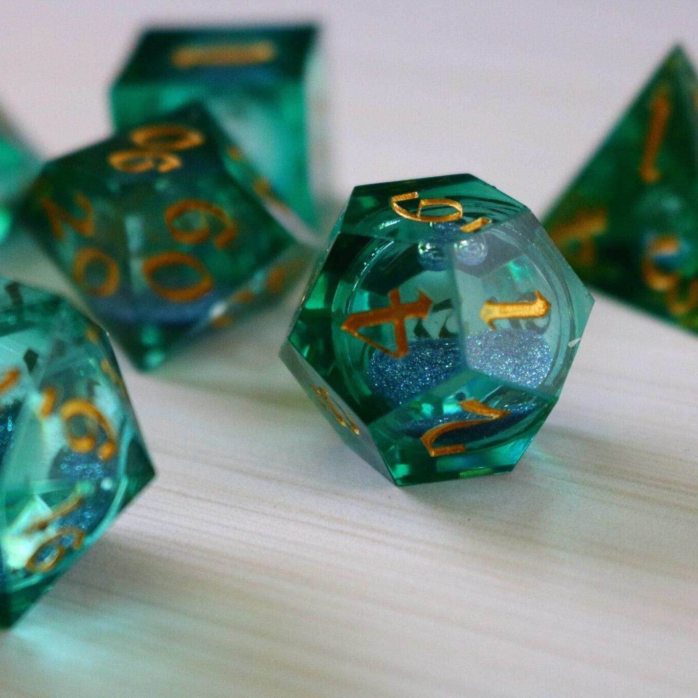 Sea Green Glitter Liquid Core Handmade Sharp Edge Resin DND Dice Set - Full Set And Free Dice Box