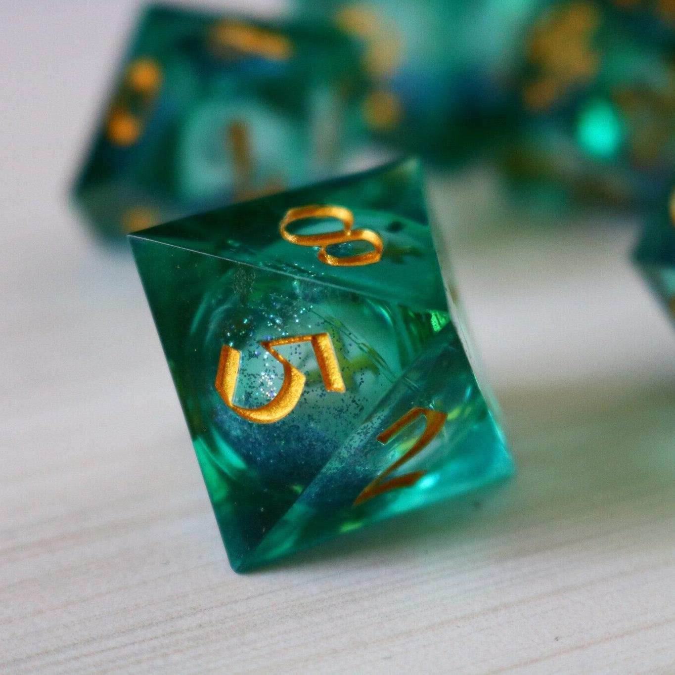 Sea Green Glitter Liquid Core Handmade Sharp Edge Resin DND Dice Set - Full Set And Free Dice Box