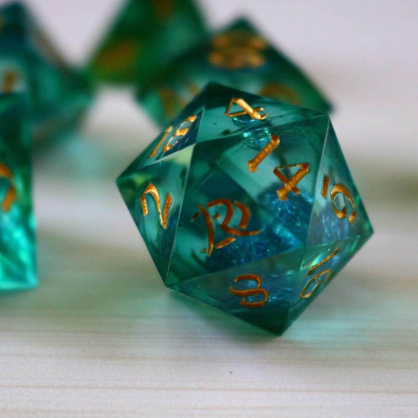 Sea Green Glitter Liquid Core Handmade Sharp Edge Resin DND Dice Set - Full Set And Free Dice Box