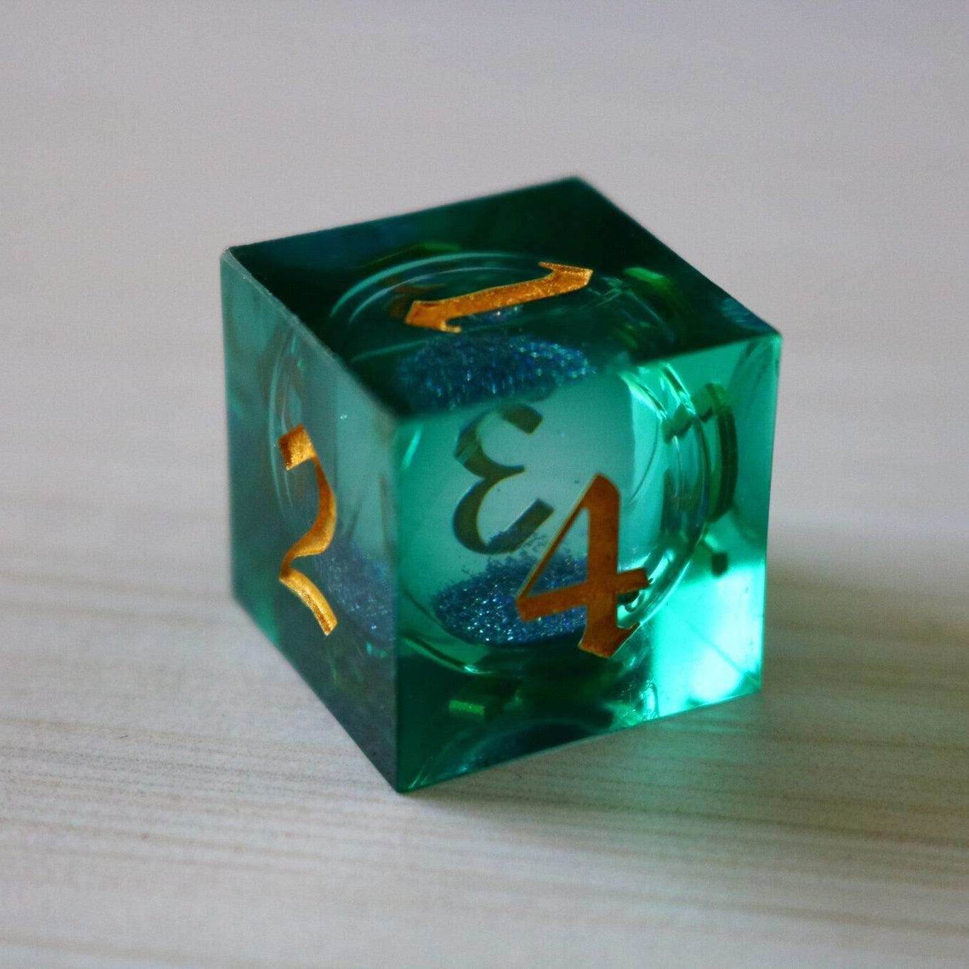 Sea Green Glitter Liquid Core Handmade Sharp Edge Resin DND Dice Set - Full Set And Free Dice Box