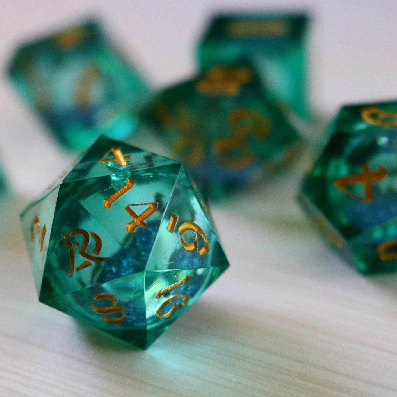 Sea Green Glitter Liquid Core Handmade Sharp Edge Resin DND Dice Set - Full Set And Free Dice Box