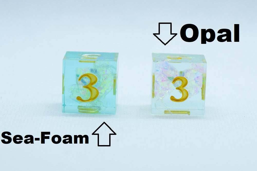 Sea-Foam Sharp Edge Resin 7-Dice Dice (Soft Blue w/ Gold Numbers) - 