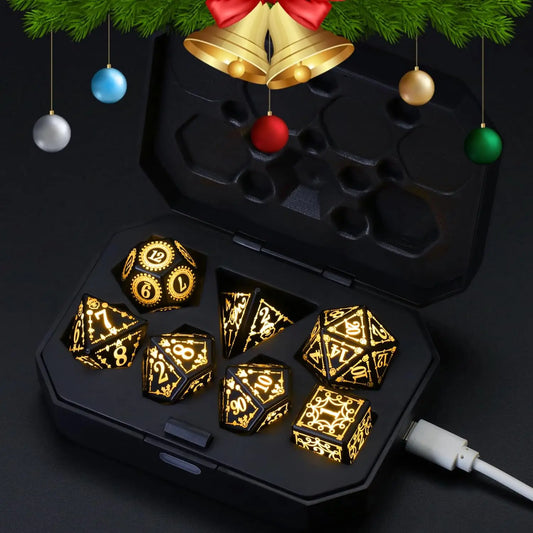 Dés LED DND rechargeables avec boîte de chargement, 7 pièces éclairent les dés pour jeux de table RPG donjons et dragons dés cadeau de Noël