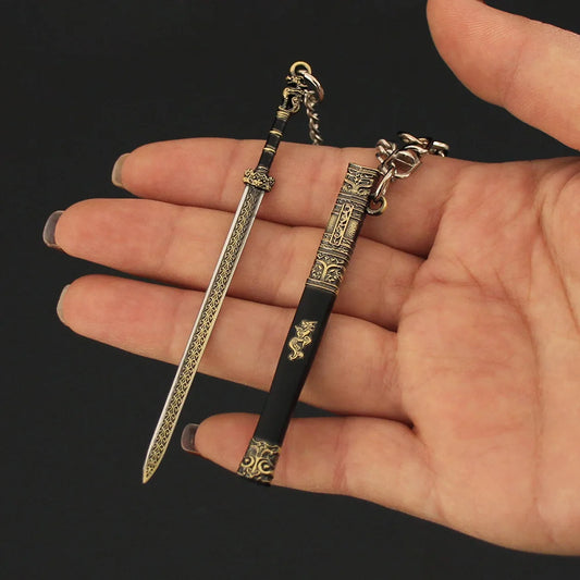 9cm Lu Lu Sword With Sheath Ancient Weapon Model Keychain for Men Boys First Emperor of Qin Metal Pendant Key Ring Fans Jewelry