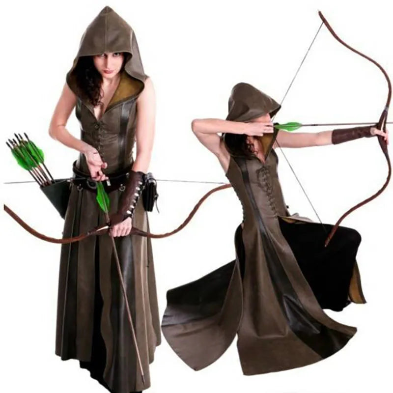 Femmes médiévale Larp Archer Ranger elfe Costume femme guerrier Halloween Robin Cosplay Robe de pansement en cuir à capuche Robe Maxi cape