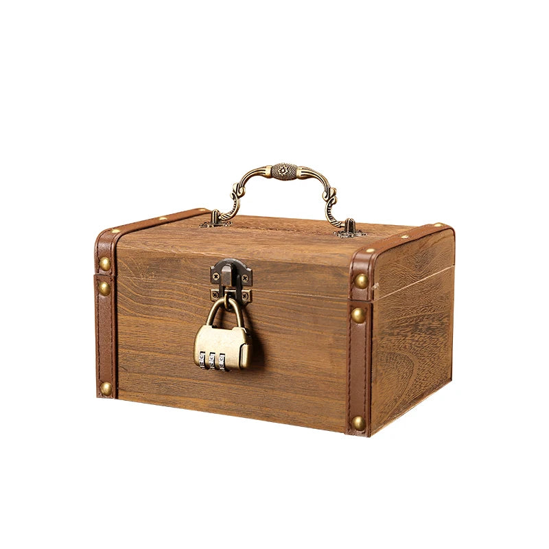Wooden Retro Treasure Chest Piggy Bank Decorative Box with Lock ，Coin, Banknote Storage Box Children's Gift Small Password Box