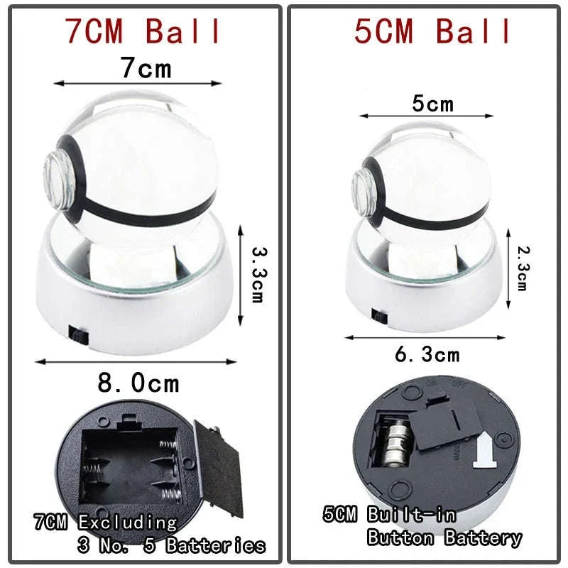 Pokemon 3D Crystal Ball Pokeballs with LED Light Base, Kids Anime Toy Gifts
