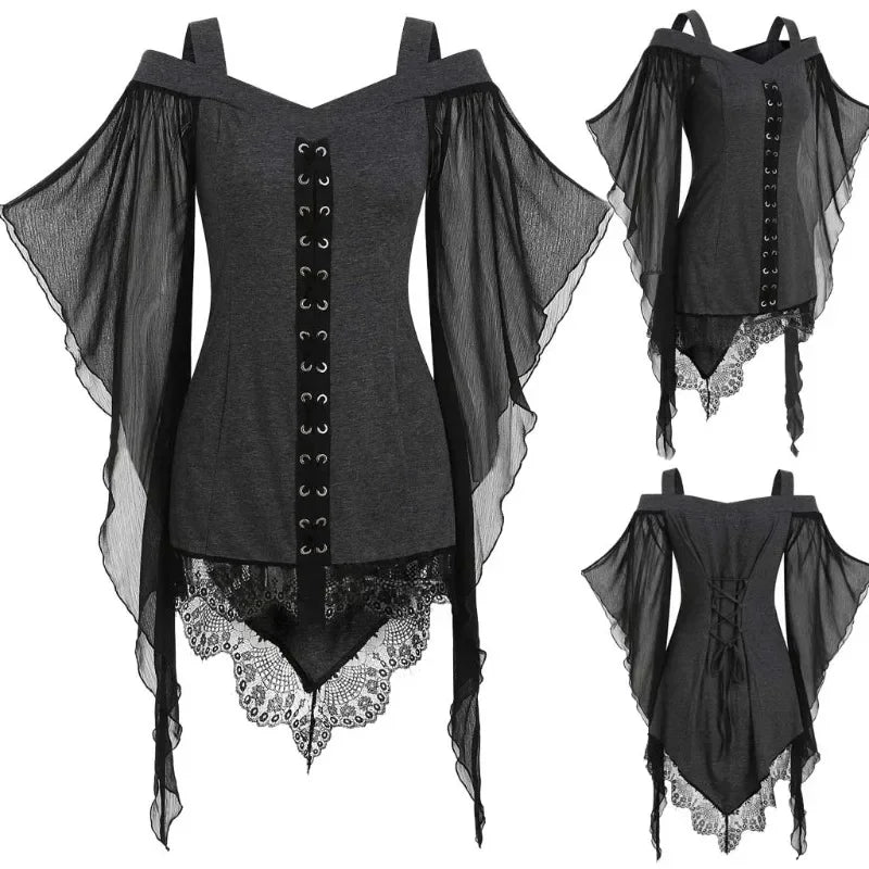 2024 New Gothic Large Swing Sleeves Irregular Spliced Top Chiffon Shirt for Hallowmas Holiday Party Medieval Costume
