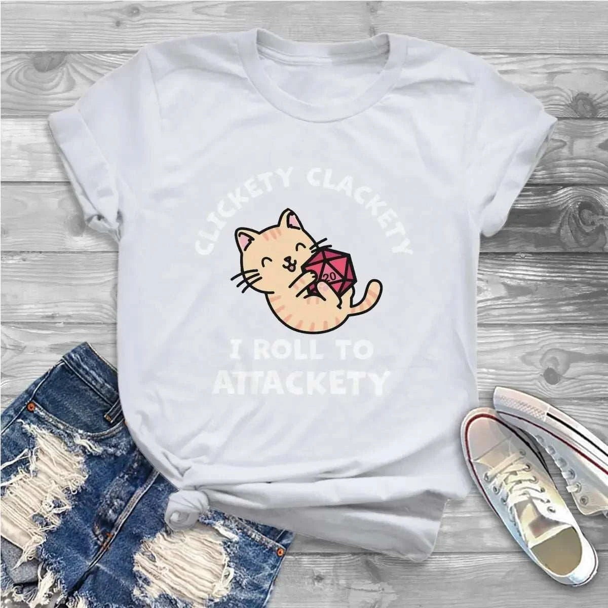 Kawaii Cat Clickety Clackety I Roll To Attackety Feminine Clothes DnD Game Printed T-shirt Harajuku Vintage Woman Man Clothing