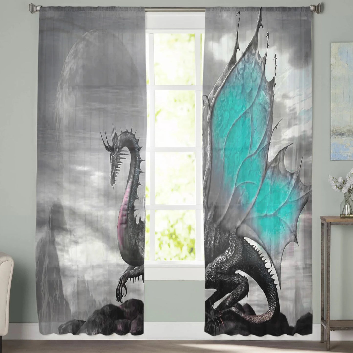 Magic Western Dragon Retro Tulle Sheer Window Curtains for Living Room Bedroom Modern Tulle Voile Curtains Drapes Decoration