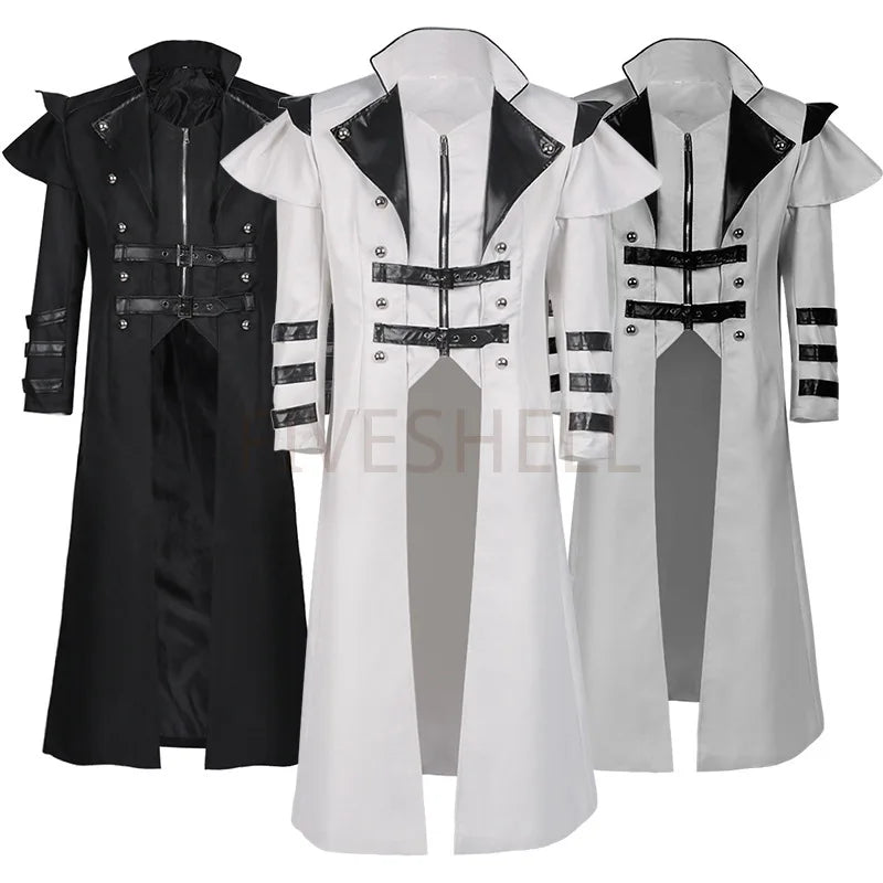 Vintage Men's Gothic Steampunk Long Jacket Trench Coat Retro Medieval Warrior Knight Overcoat Male Victoria Long Coat Plus Size