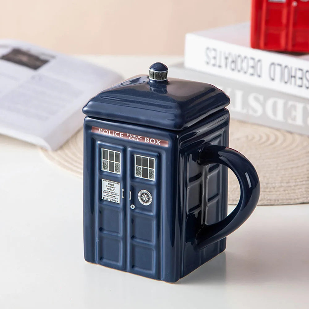 Creative Retro British Police Booth Cup Ceramic Phone Booth Square Cups With Cover Novelty Mug Coffee Tea Handle Cup Drinkware