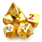 Silver Dragon and Black Warrior Gold Metal DND Dice Set + Red Numbers