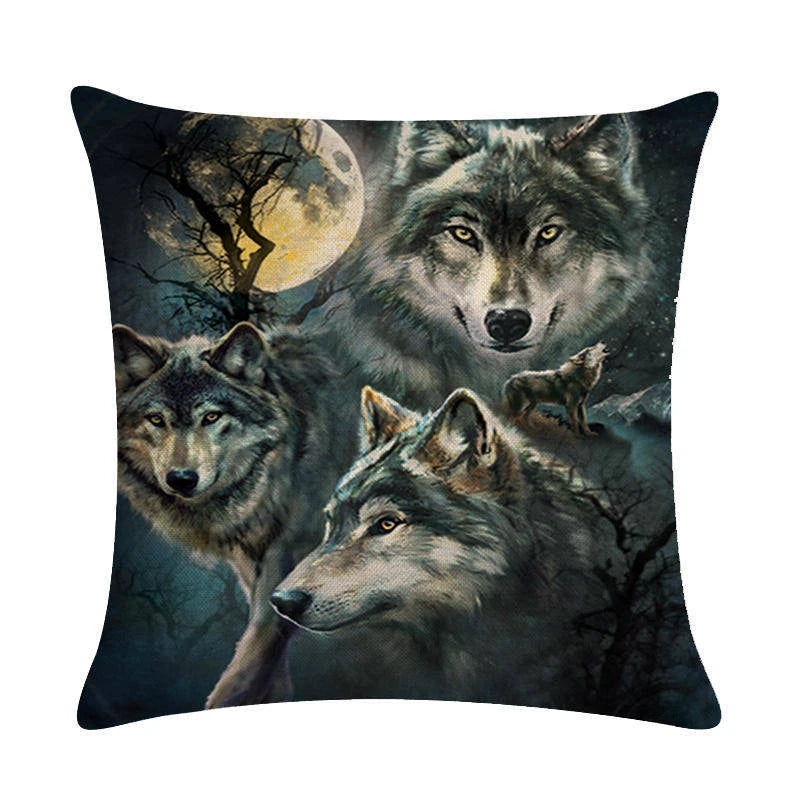 Funda de almohada con diseño de lobo de ensueño, funda de cojín de cintura de lino estampada, funda de cojín decorativa para sofá de oficina o hogar, 45x45cm