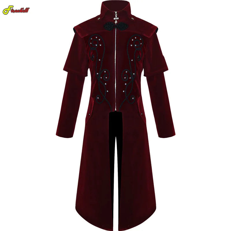 Men's Gothic Medieval Steampunk Castle Vampire Devil Red Coat Cosplay Costume Victorian Luxury Tuxedo Suit Trench Jackets