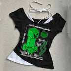 Punk Gothic Slim Baby Tee Y2k Off Shoulder Top