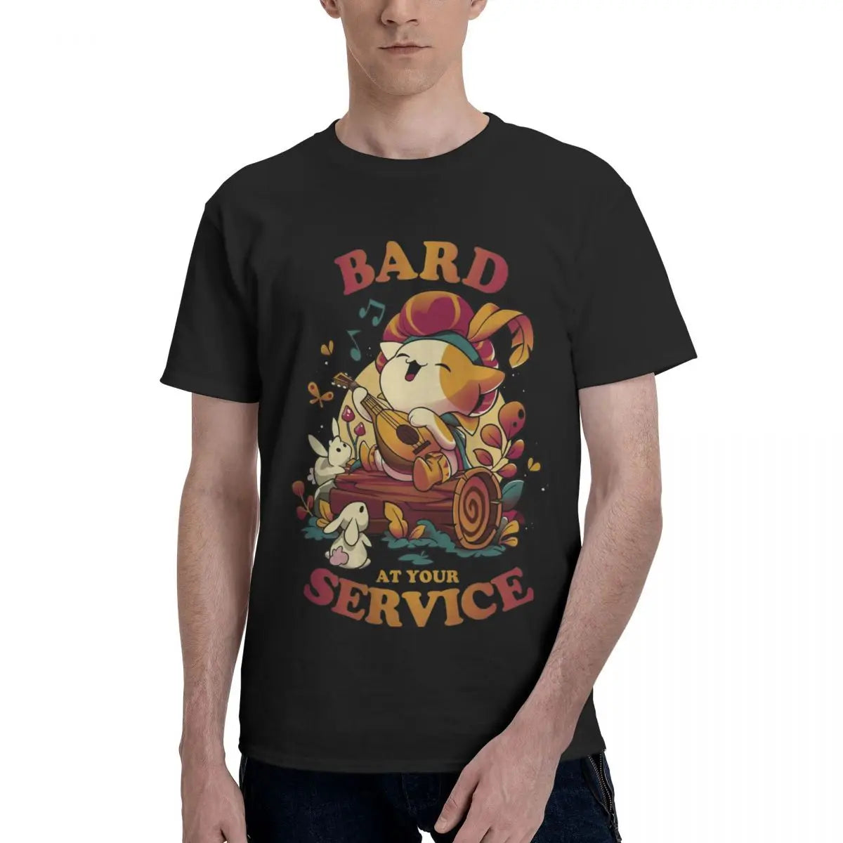 Vintage DnD Bard's Call T-Shirts Men O Neck 100% Cotton T Shirts Cute Cat Gamer Short Sleeve Tees Printed Clothes