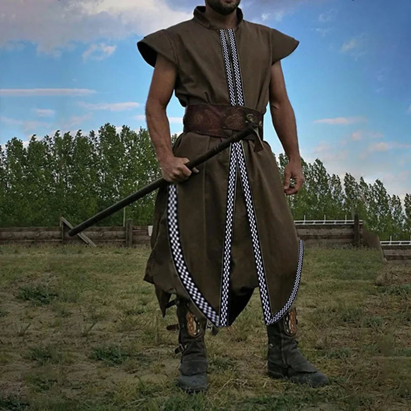 Men's Medieval Sleeveless Tunic Robe Printed Larp Viking Costume Tarbard Warrior Cosplay Shirt Celtic Long Saxon Blouse