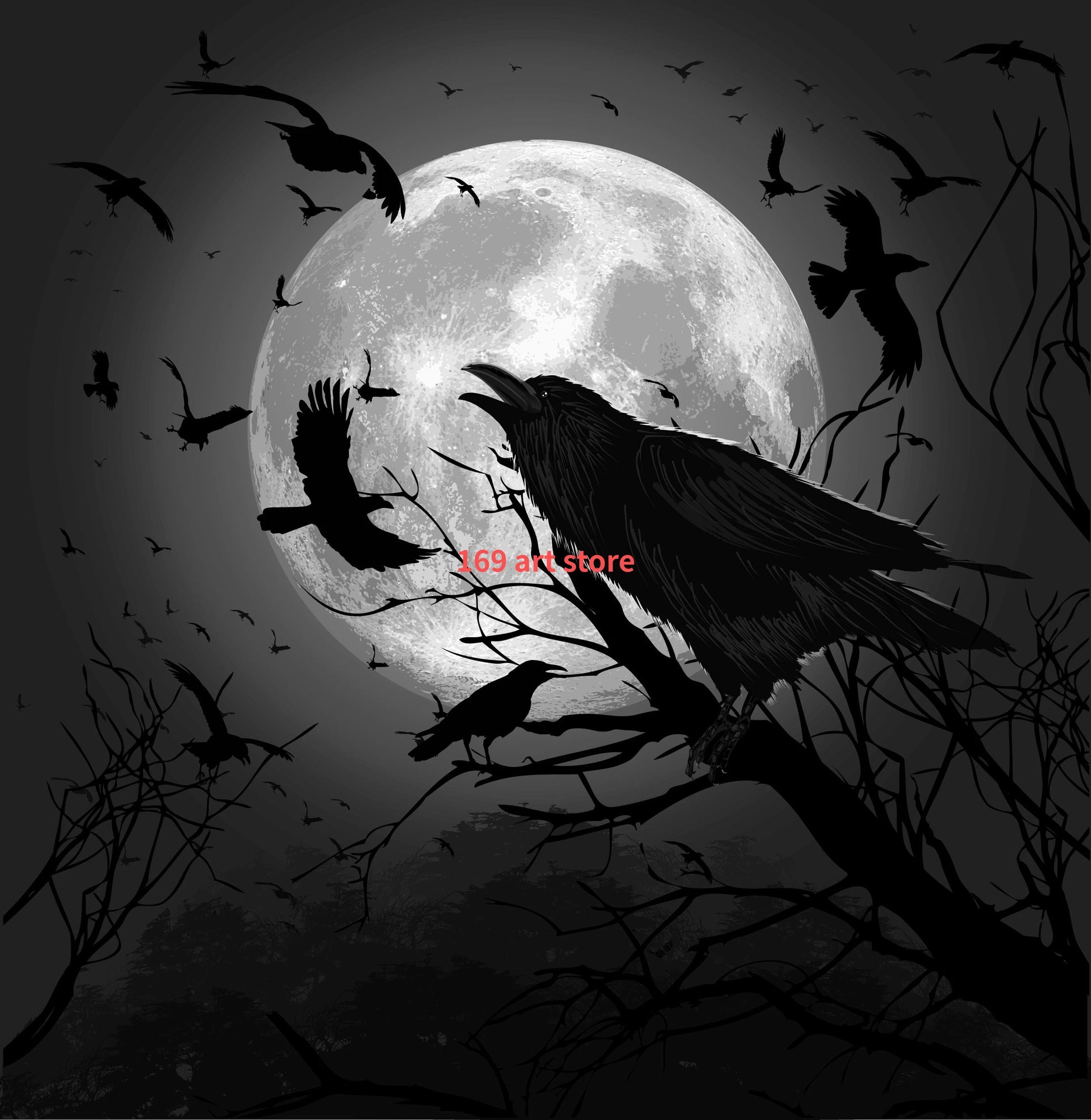 Retro Flying Crow Raven Barking At The Moon Nature Landscape Art Poster Canvas Painting Wall Art Print Picture Office Home Decor