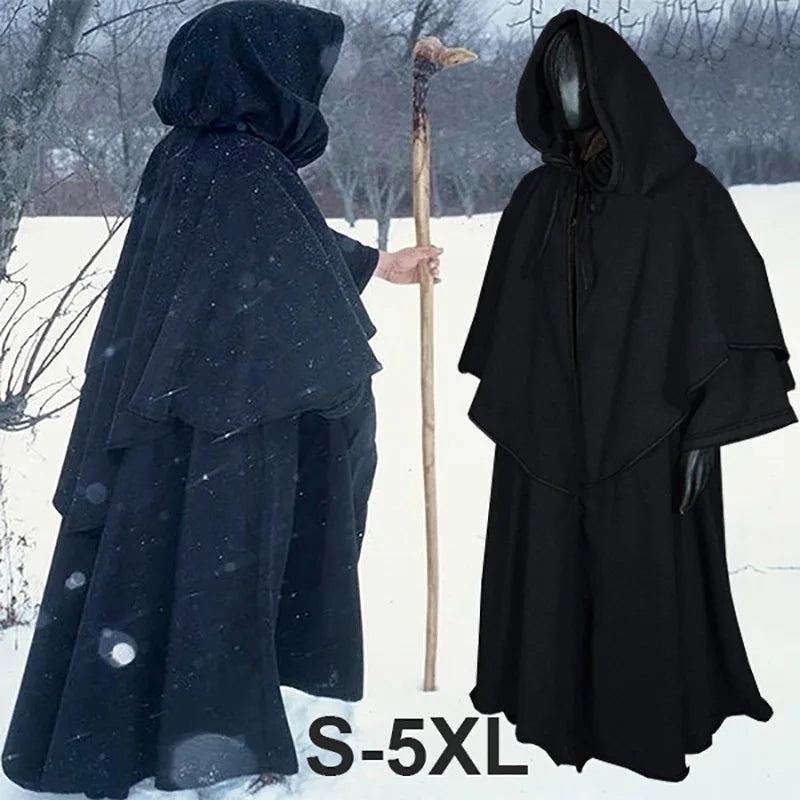 Windproof Trench Chic Winter Long Cape Poncho Gothic Mens Monk Cos Hooded Medieval Vintage Loose Black Cloak Coats S-XXXXXL