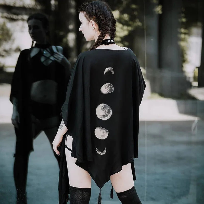 FICHOR-capa gótica de fase lunar para mujer, capa negra para mujer, prendas de vestir góticas con gráfico Y2k geométrico, Ponchos irregulares de gran tamaño para otoño e invierno
