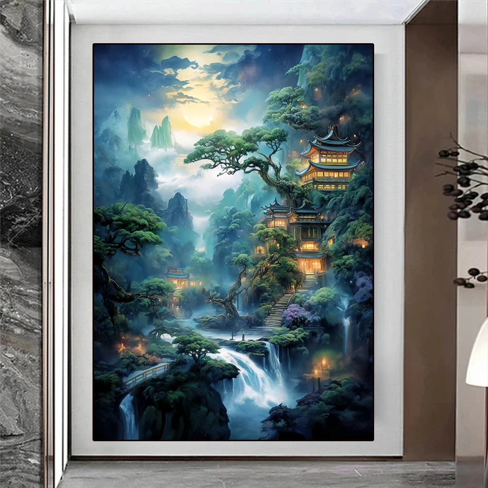Colección de pintura de diamantes de estilo chino, arte paisajístico de montaña y cascada, mosaico bordado artesanal 5d, decoración del hogar, punto de cruz