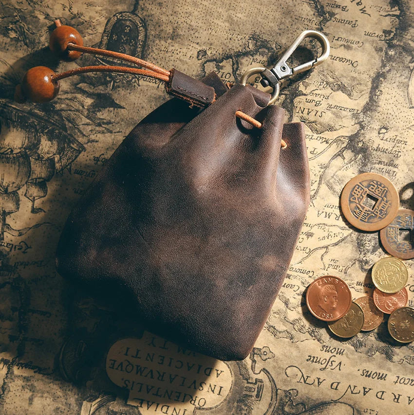 Genuine Leather Unisex Coin Purse Portable Money Pocket With Metal Hook Retro Drawstring Wallet Storage Bag Wholesale