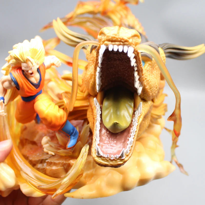 Super Saiyan 3 Goku and Golden Shenron Action Figure, Dragon Ball Z Anime Figurines Pvc 21.5 CM